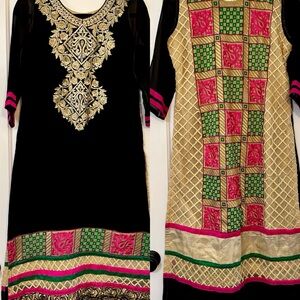 Indian Pakistani Custom Rhinestone Embroidered Kurta Tunic Top Medium Black Gold